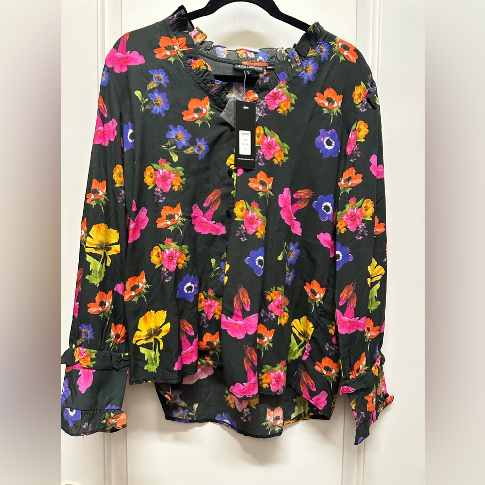 NWT Tolani Collection Women's Black Floral Button-Front Top Size Small